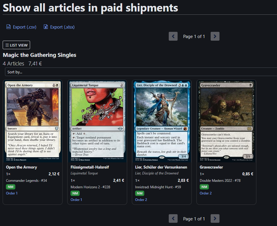 Cardmarket article list shown as an image grid by the add-on