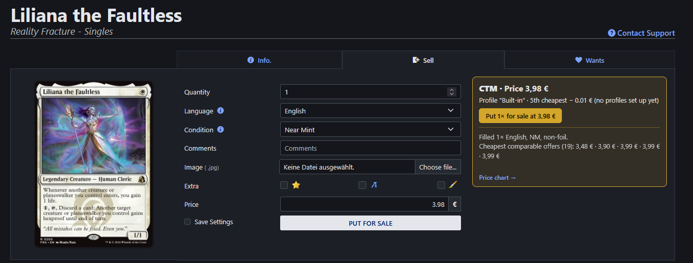 Cardmarket sell form filled in by the add-on with the calculated price