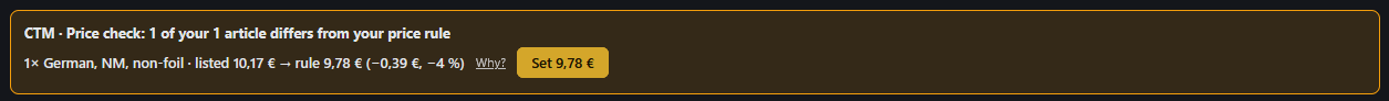 Price check of a listed card with a button to set the rule price